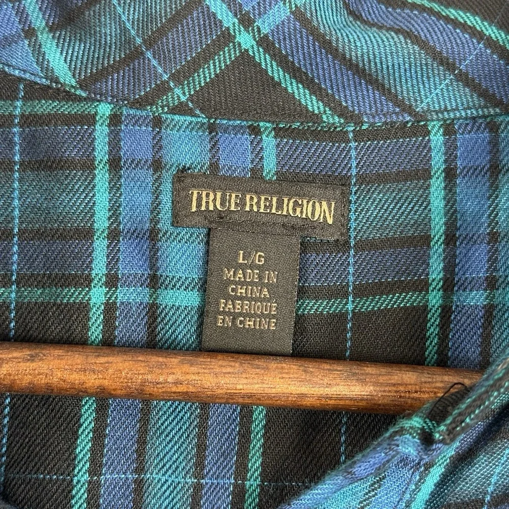 True Religion Plaid Top Logo Black Aqua‎ Blue Tunic Zip Women's Size Large Snaps